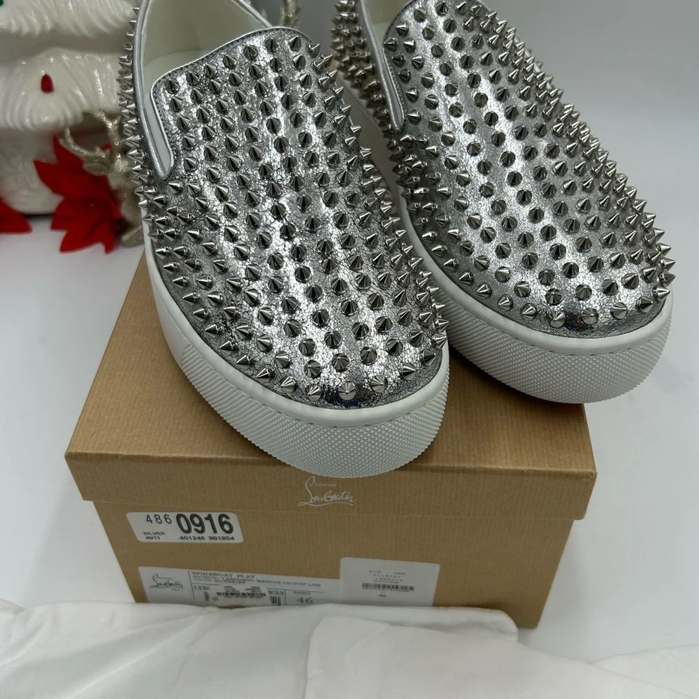 Men's Christian Louboutin roller boat, metallic silver spiked sneakers size 46